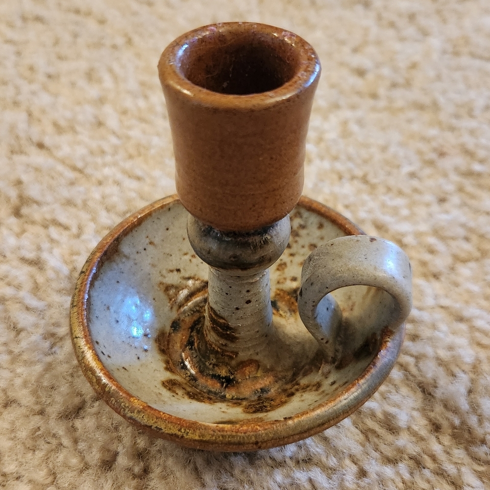 Vtg‎ Brown Art Pottery Chamberstick Candle Holder 4"
